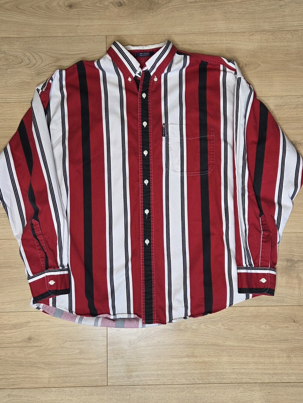 Vintage 90s Chaps Ralph Lauren XL Red White Black Striped Button Front Shirt